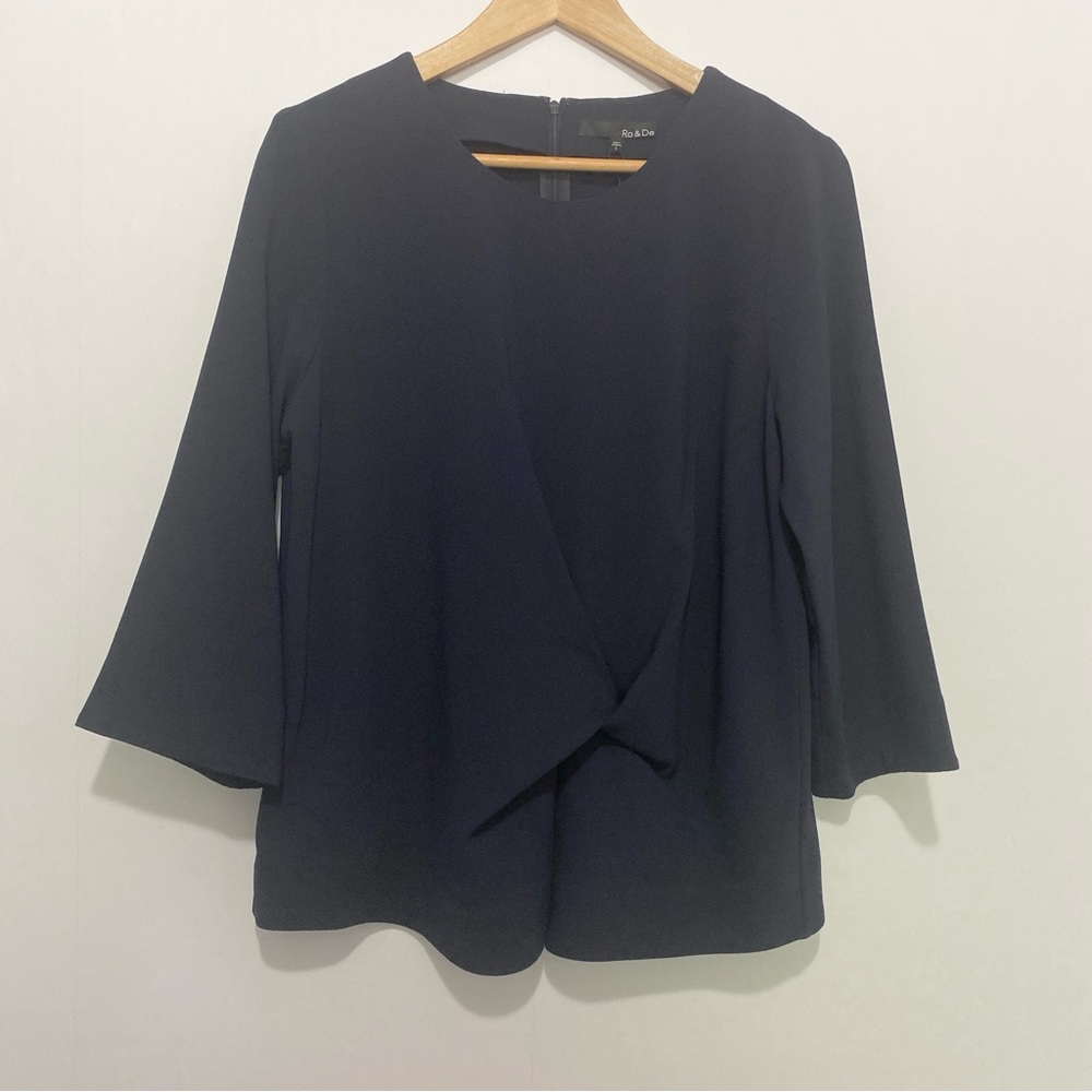 Ro & De Draped Twist Front Blouse Womens L‎ Navy 3/4 Sleeve Top NWT Office